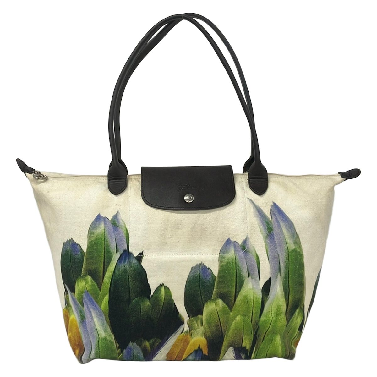 LONGCHAMP(ロンシャン) ショルダーバッグ ル・プリアージュ アイボリー×ダークグリーン×ダークブラウン コットン、レザー