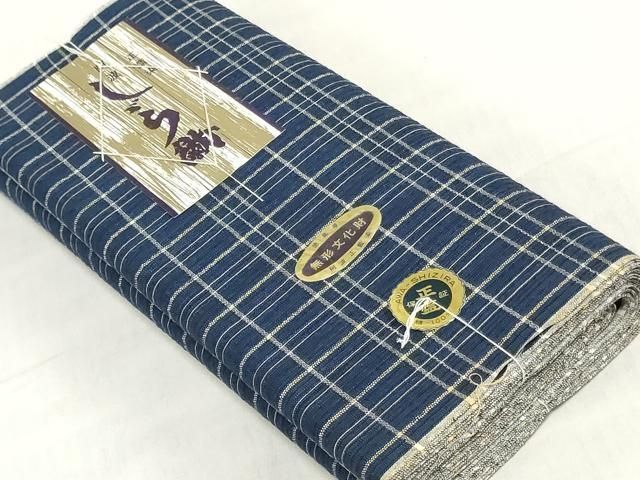 平和屋着物＊夏物　阿波しじら織　浴衣　反物　着尺　正藍染　格子　証紙付き　綿　逸品　未使用　DABJ0631zy