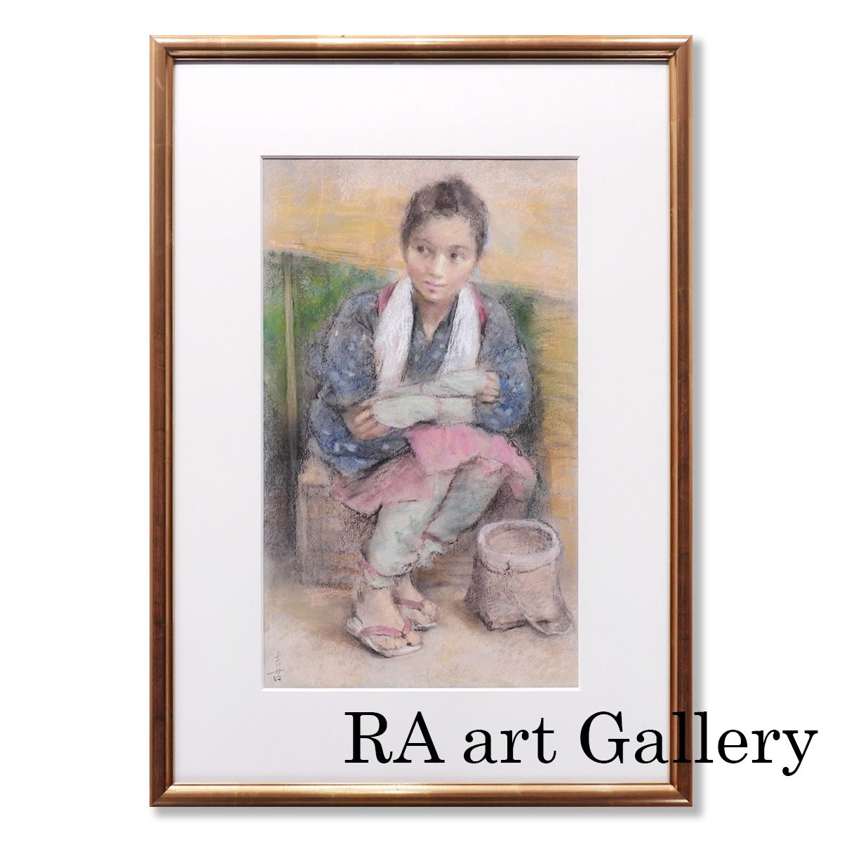 絵画 矢野喜久男 大原女 パステル8号 直筆 原画 人物画 美人画 女性像 オリジナル 壁掛 アート インテリア 京都 解説 真作保証 価格相談可