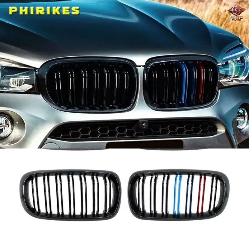 フロントバンパーグリル デュアル2スラットキドニーグリル BMW X5 X6 M F15 F16 F85 F86 14-17 ABSグロスレーシンググリル カスタムパーツ