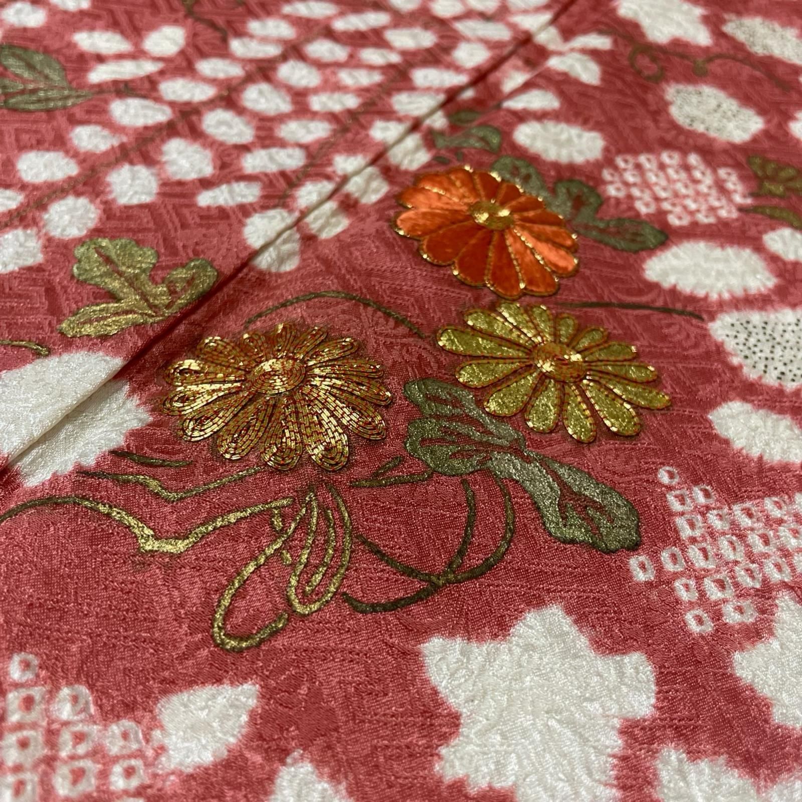 付下げ 裄66.5 絞り 刺繍の花模様 着物 正絹 X-8217
