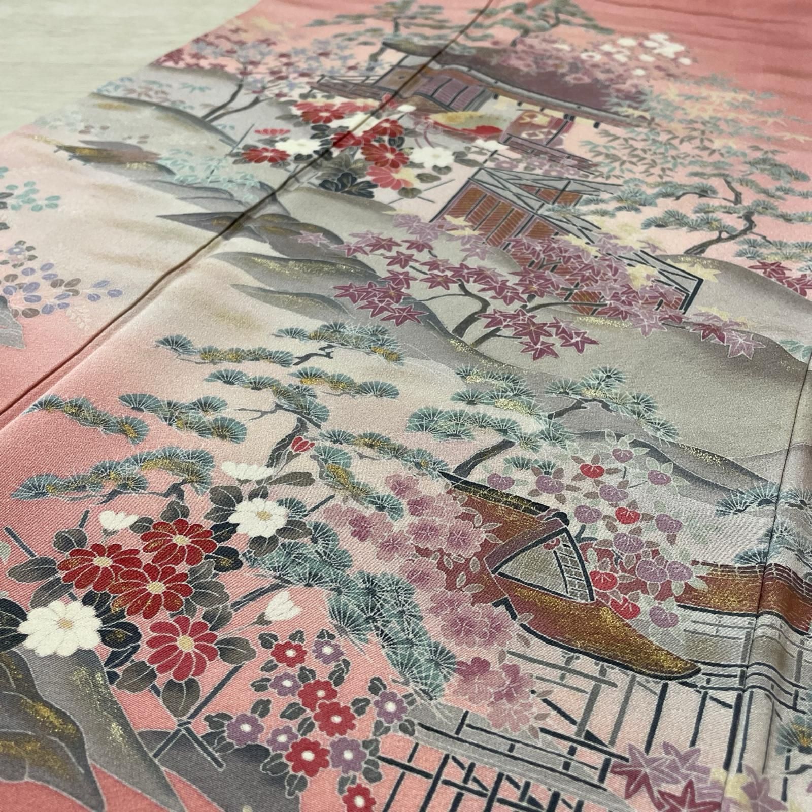 付下げ 金彩 ちりめん 風景に花模様 着物 正絹 X-8246