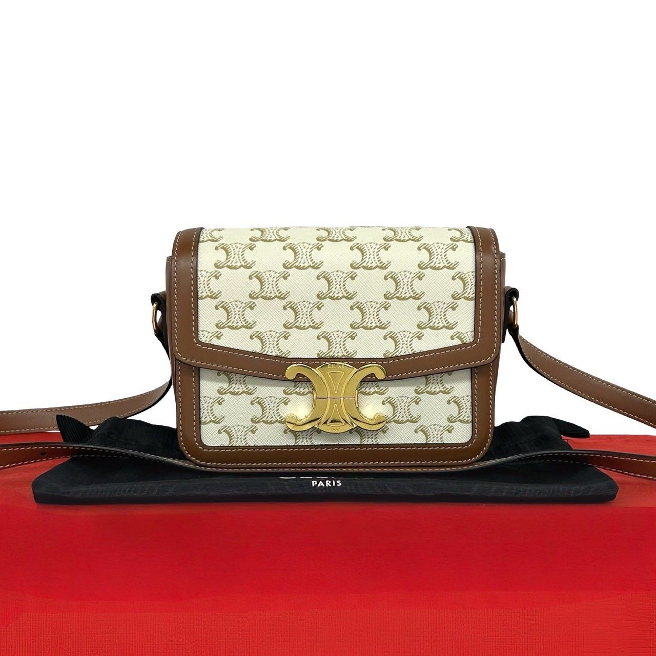ほぼ未使用 袋付 CELINE セリーヌ ティーン トリオンフ ロゴ 金具 レザー 本革 ショルダーバッグ ポシェット ブラウン アイボリー 86625