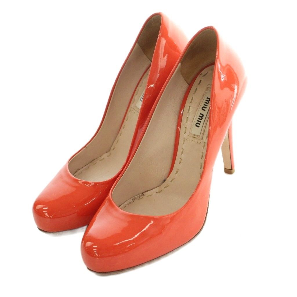 ミュウミュウ miumiu エナメルパンプス ラウンドトゥ ピンヒール 34.5 21.5-22.0cm オレンジ /MI ■GY62
