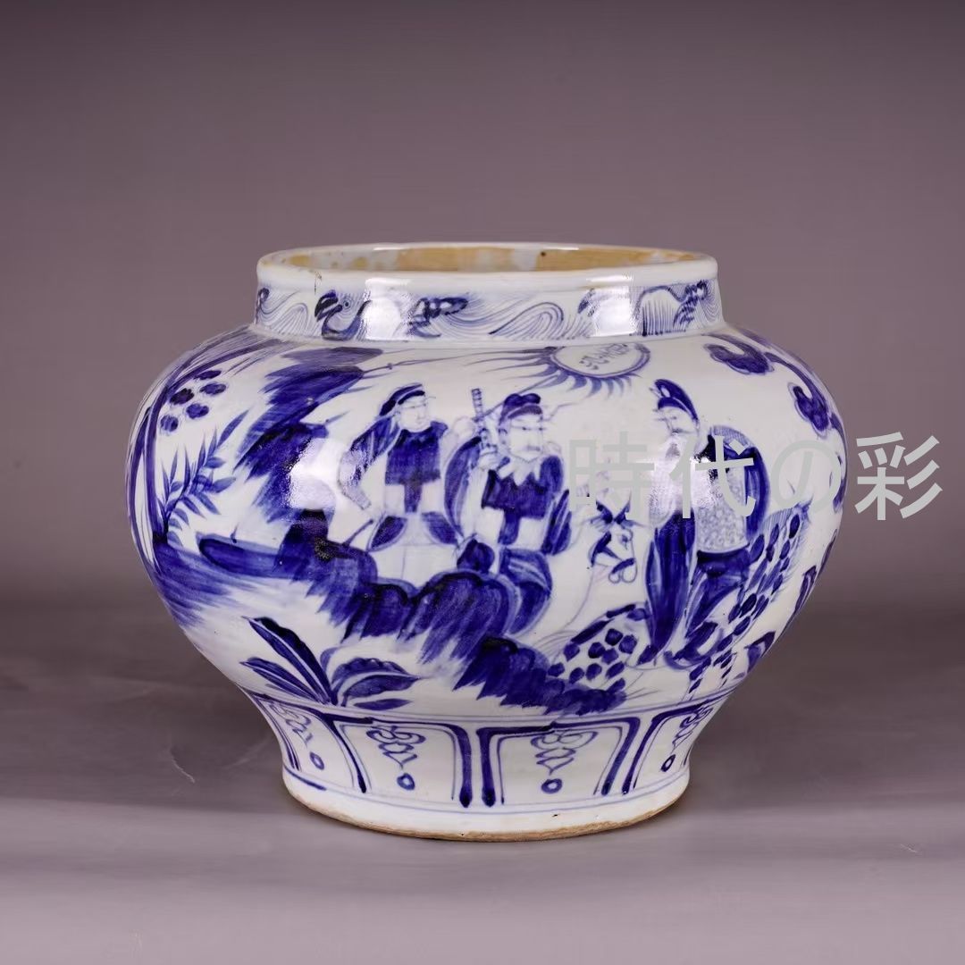 中国古美術・元青花風・人物故事紋罐・尉遲恭単騎救主・青花磁器・古陶磁・中国陶磁器・収蔵品 R08090104 38,220円