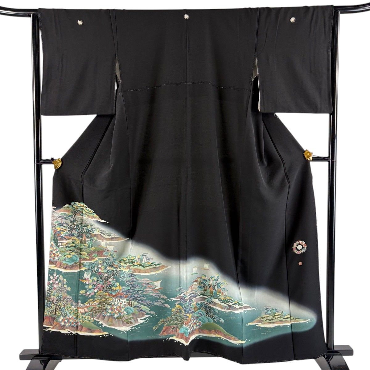 【美品】 黒留袖 身丈158cm 裄丈63.5cm S 袷 落款 建物 水辺の風景 黒 正絹 秀品 【中古】
