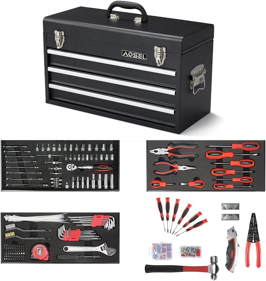 AOSEL 整備工具セット 381点組 工具セット ホームツール バイク 自動車整備 メンテナンス用 DIY用 日曜大工 工具バイク 収納ケース付き