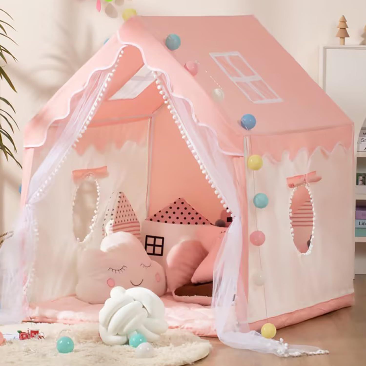 プリンセスお城テント 大型キッズテント 子供遊びテント おもちゃ小屋 屋内屋外兼用 光る星ライト付き 通気性紗カーテン プレイハウス 女の子 誕生日プレゼント パーティー装飾 秘密基地 ピンク 1 25,178円