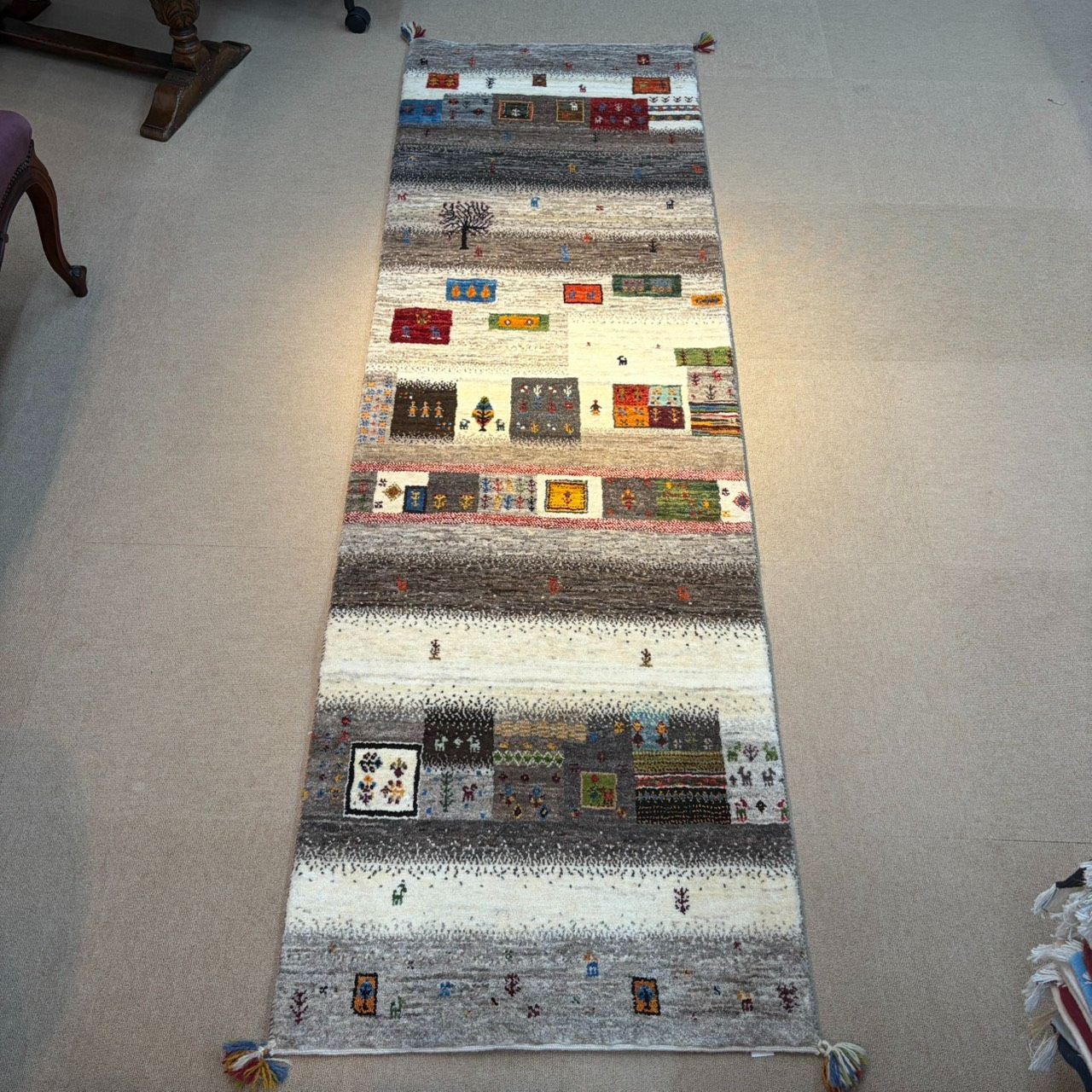 【ギャッベ】ロリバフ　イラン産 手織りカーペット 原毛　244×73cm インテリアラグ 廊下　ランナーサイズ　【　チェリーベアギャッベ　チェリーベアギャッベランナー 】