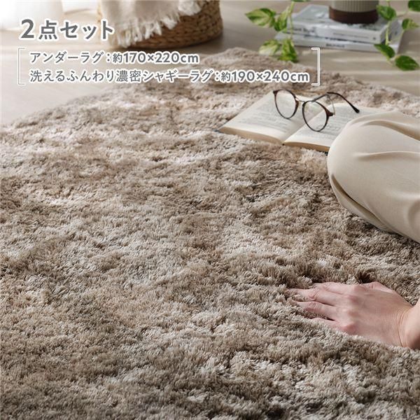 2点セット 〔 アンダーラグ 約170×220cm グレージュ + 洗えるふんわり濃密シャギーラグ 約190×240cm セピアベージュ 〕