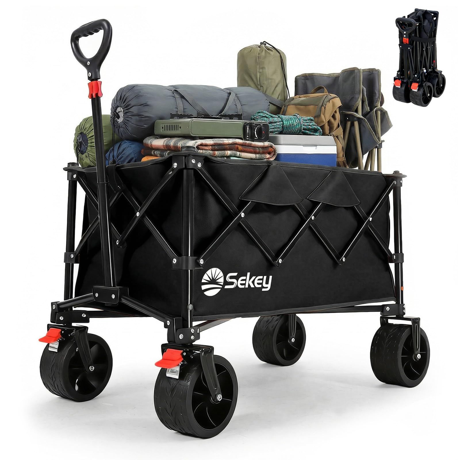 ★新品★Sekey キャリーワゴン 大容量150L 【本体わずか約7.3kg】 タイヤ取り外し可能 アウトドアワゴン 断面幅約8.5cmのワイドタイヤ 高耐荷重150kg ブレーキ付き 軽量 自立収納 静音 キャンプ・レジャー・釣り・運動会 1703db42