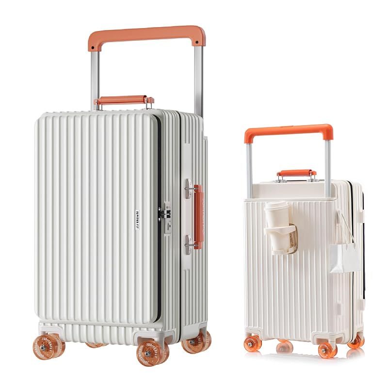 【新品】 [KPLDOL] 日本人デザイナースーツケース キャリーケース フロントオーポン 片開き 拡張機能付き カップホルダー付き 出張 静音ダブルキャスター TSAロック (拡張タイプ, White Orange, 24) 0 14,854円