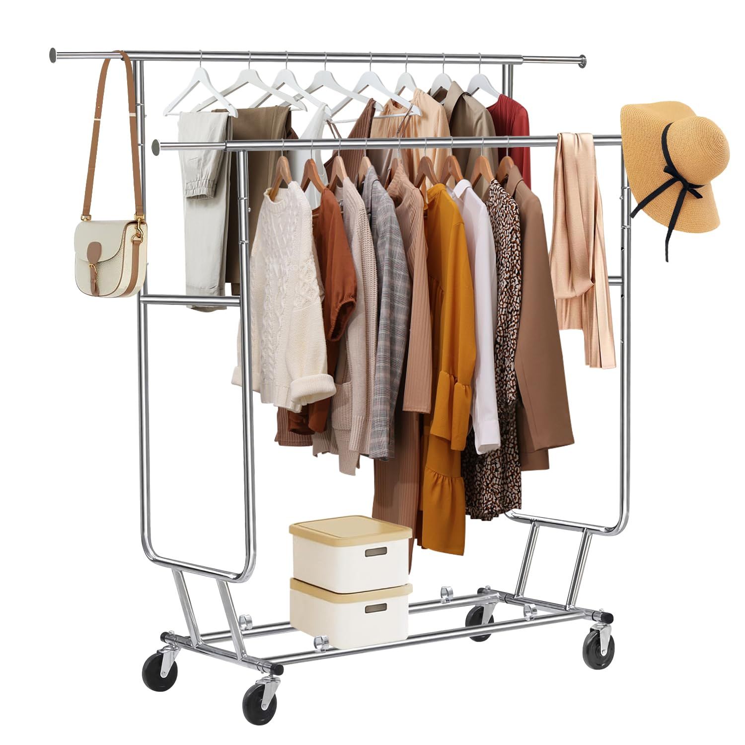 ☆新品☆ハンガーラック 頑丈 2段 パイプハンガーラック 物干し スタンド 洋服ハンガー 大容量 洋服ラック たっぷり収納 耐荷重240KG 業務用 衣類ラック 高さ・縦横伸縮タイプ 幅130cm~190cm*高さ140cm~166cm*奥行 f5db732d