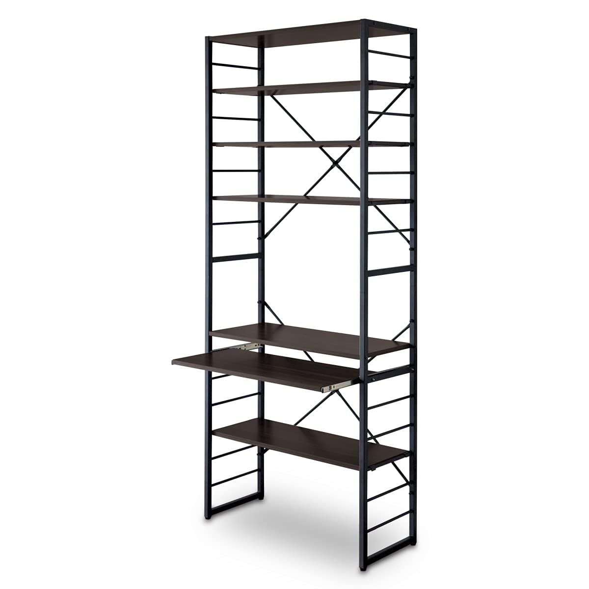 ☆新品☆ottostyle.jp ラック一体型 PCデスク シェルフデスク 幅76cm×奥行31cm×高さ180cm 【ダークウォールナット】 高さを変えられる棚板 スライドトレー 省スペース スリム 収納 パソコンデスク 在宅勤務 1人暮ら 89a4723c