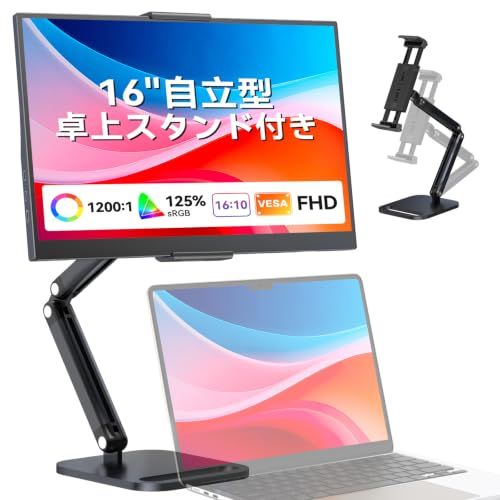 EVICIV モバイルモニター 16インチ 卓上スタンド付き FHD 1200P 自立型 125%sRGB 1200:1 ゲーミング用 ポータブルディスプレイ IPS 非光沢 液晶パネル 薄型 軽量 モバイルディスプレイ USB Type-C c8bdbc59