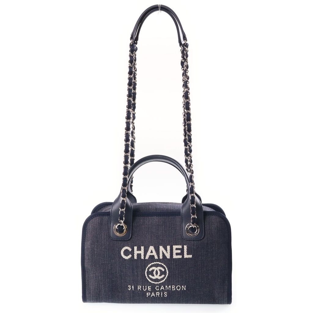 CHANEL (シャネル) ドーヴィル ボーリングバッグ チェーンハンドバッグ ショルダーバッグ ネイビー デニム×レザー A92749 シルバー金具