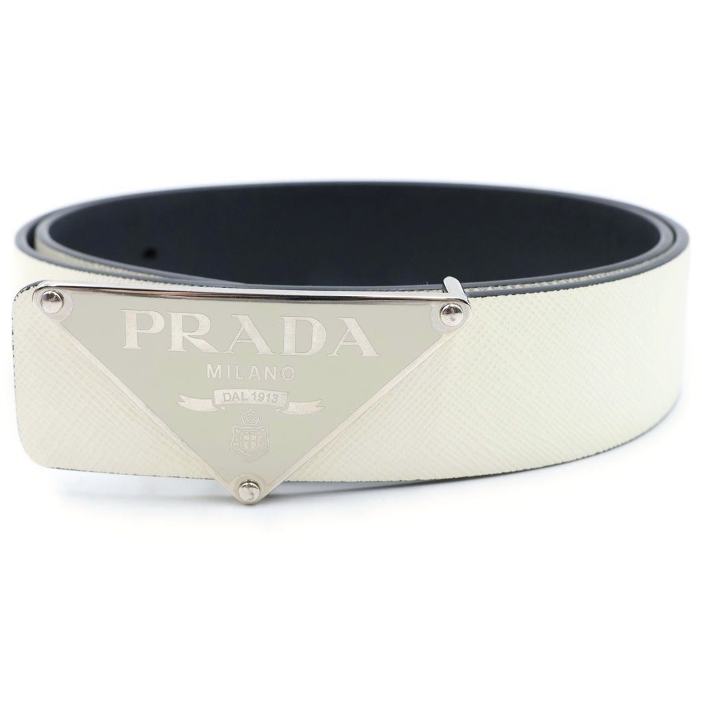 PRADA (プラダ) プレートロゴバックル サフィアーノ レザーベルト ホワイト