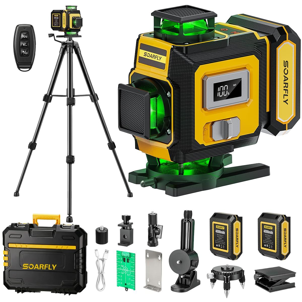☆新品☆【改良型】SOARFLY レーザー墨出し器 グリーンレーザー 4D 16ライン 360°フルライン 自動補正 高精度 リモコン操作 受光器対応 電量表示LCD 大容量バッテリー×2付属 エレベーター三脚・収納ケース付き 内装工事 建築 a0a56911