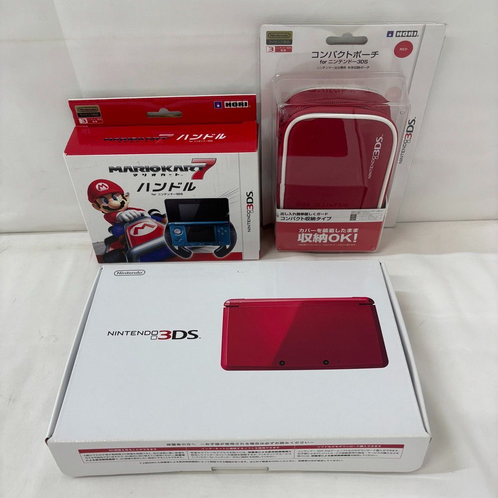 1579◇ゲーム機 ニンテンドー 3DS CTR-001 本体 メタリックレッド マリオカート ハンドル、ポーチ付き 動作確認済み