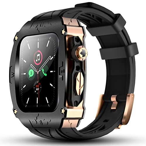 Apple Watch用メタルケース Apple Watchシリーズ9 8 7 45mm用 メンズ 頑丈なケース バンパー 頑丈なメタルカバー バンド付き iWatch 6 5 4 SE 44mm用 (ブラック - ローズゴールド) Ju