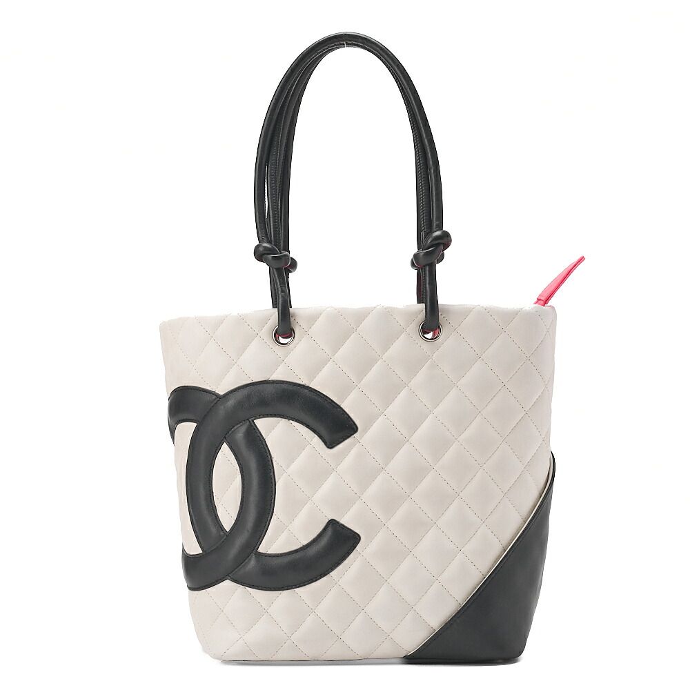 CHANEL シャネル　カーフレザー　カンボンライン　ミディアム　トートバッグ　黒×白（シルバー金具）レディース【中古】【送料無料】 158,000円