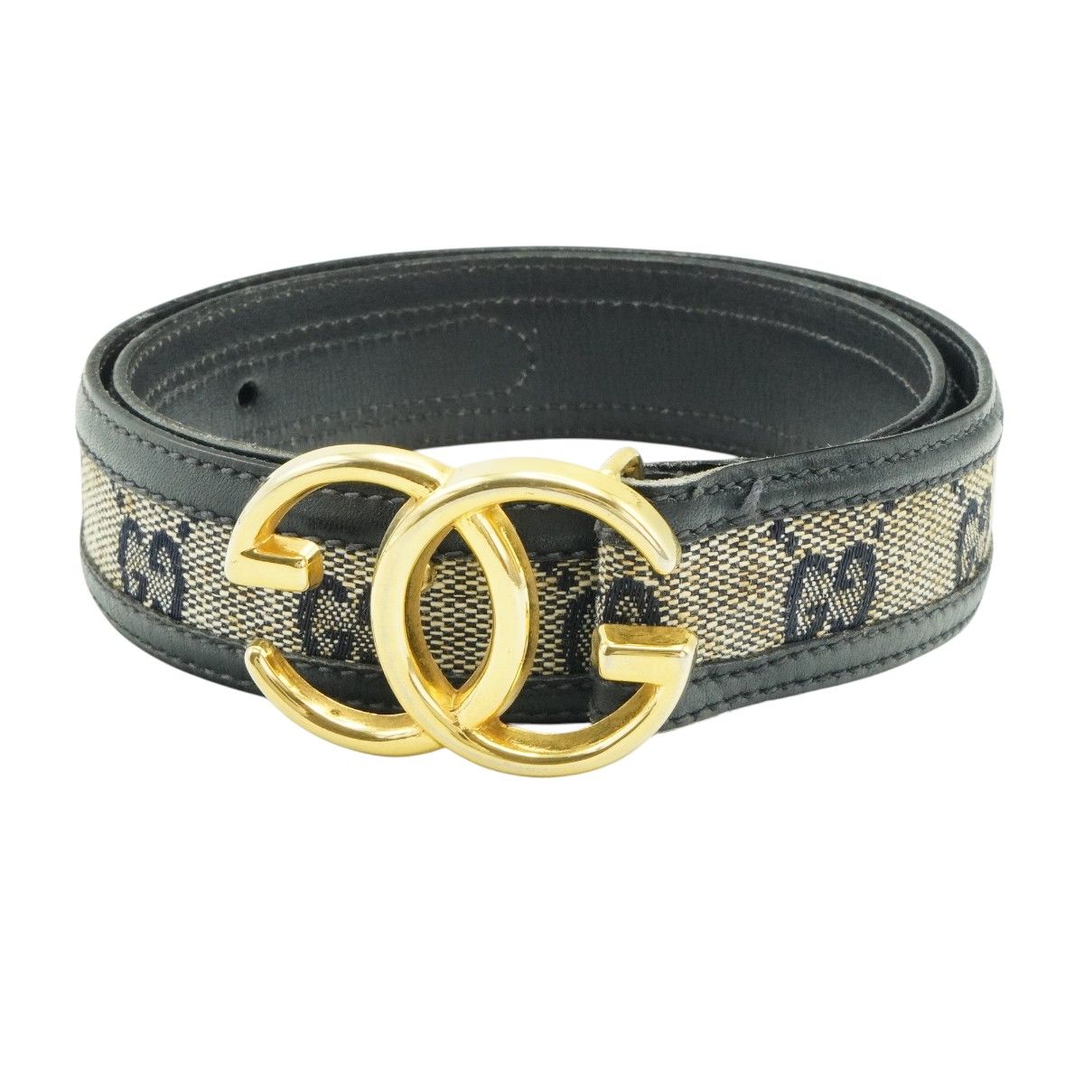 GUCCI オールドグッチ GGバックル GGキャンバス/レザ― レディースベルト 65/26 グレー/ネイビー/ゴールド S2609-k010 11,537円