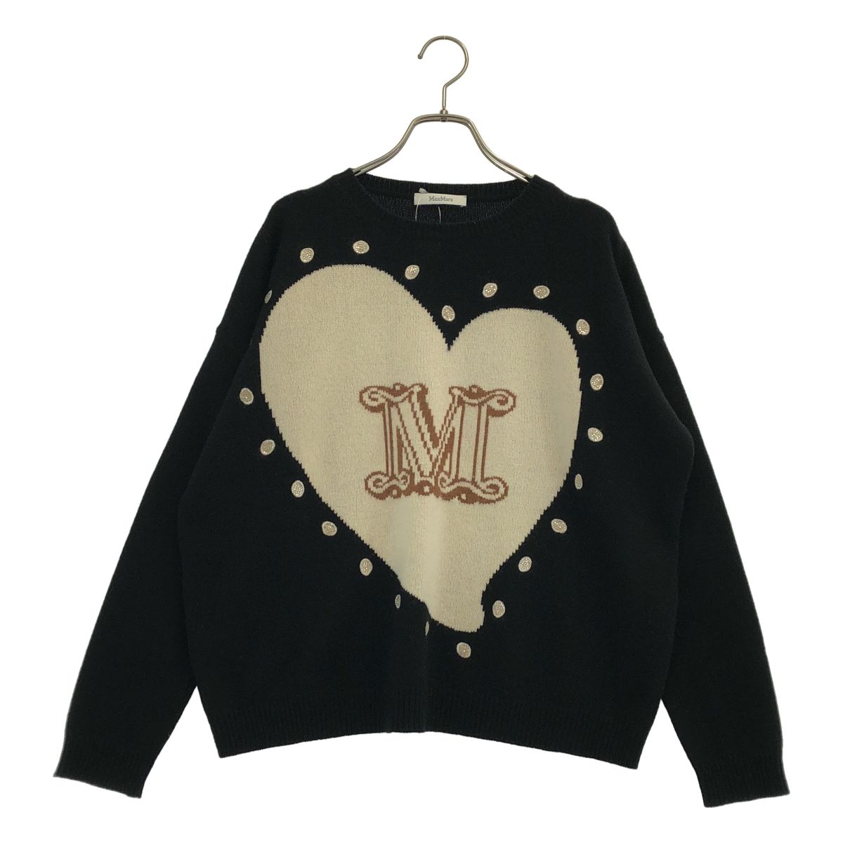 Max Mara / マックスマーラ | ウール カシミヤ ラインストーン ハートロゴ ニット | S | ブラック | レディース 16,381円