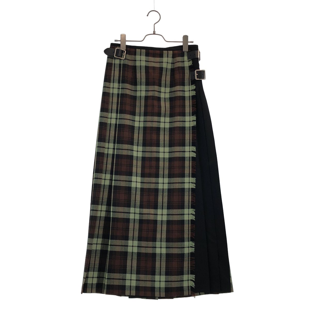 【新品】 O'NEIL OF DUBLIN / オニールオブダブリン | ウール チェック レザーベルト ラッププリーツスカート | 10 | ミント/ブラウン | レディース