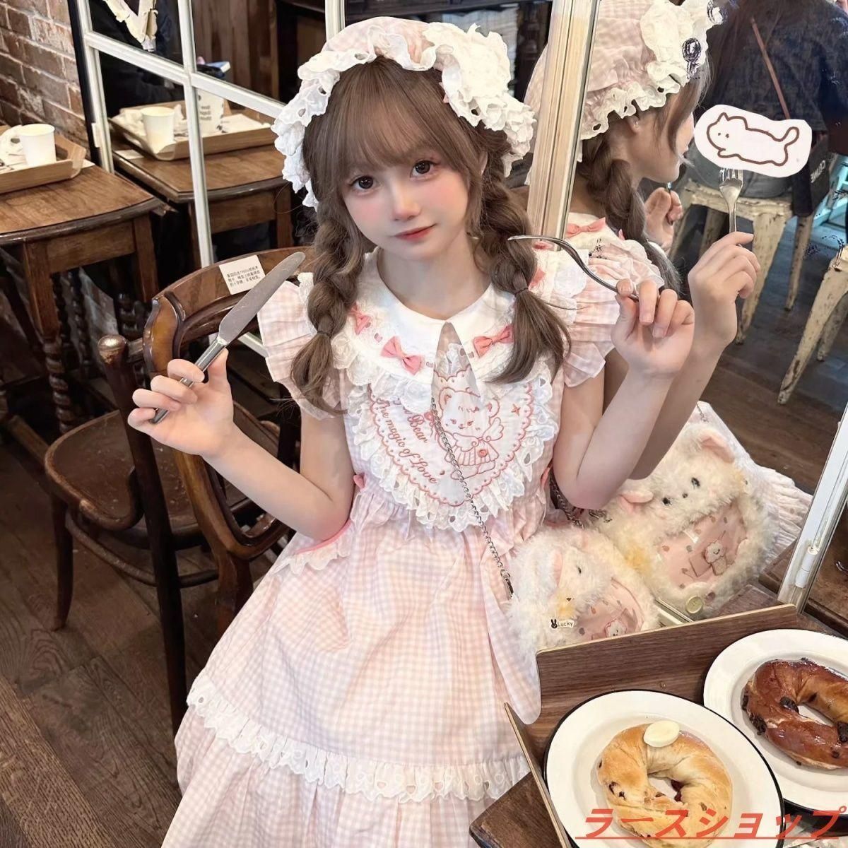 新作未使用 天使小熊 オリジナルソフトガーリースタイル 小飛袖＆チェック柄ロリータワンピース 可愛い小柄向け デザイン豊富 プレゼントに最適