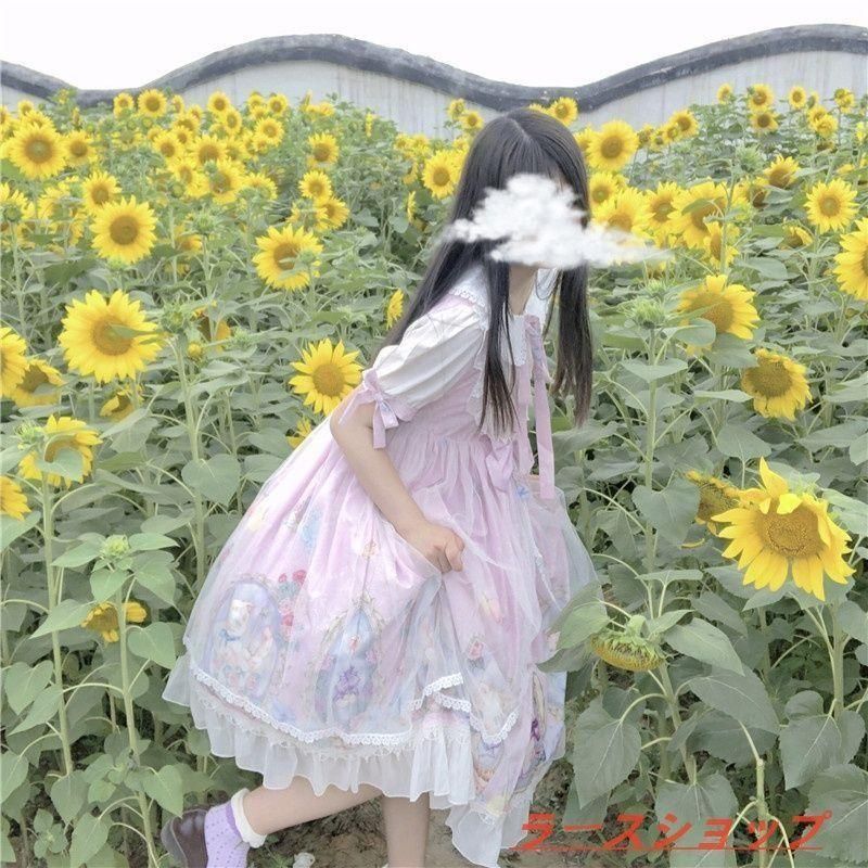 美品未使用 オリジナルデザイン 夢幻猫モチーフ Lolita洋装 OP短袖 可愛いワンピース ブルー＆ピンク 春の甘ロリスタイル