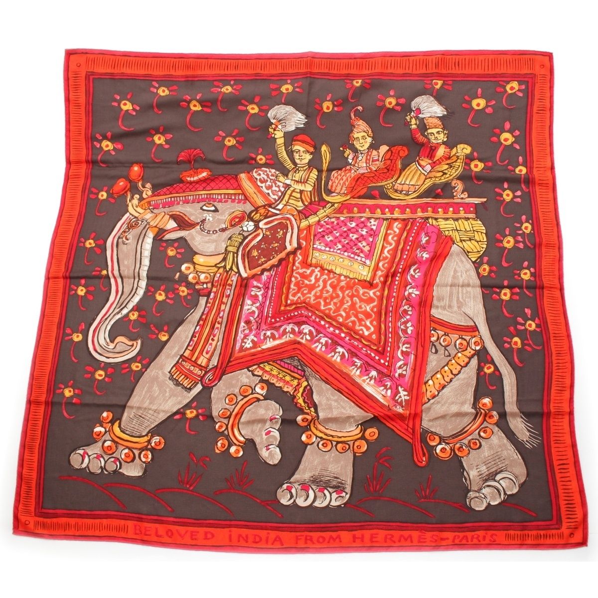 エルメス カレジェアン140 CARRE GEANT140 カシミヤ シルク スカーフ BELOVED INDIA 深いインドの愛 レッド×オレンジ【中古】