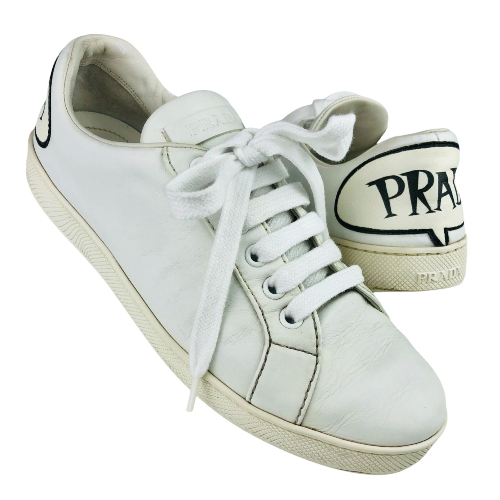 PRADA★プラダ・レディース レザー ブランドコミックロゴパッチデザイン スニーカー (36.5/23.5㎝相当) イタリア製 ブランドスニーカー レディースシューズ カジュアル 秋冬靴