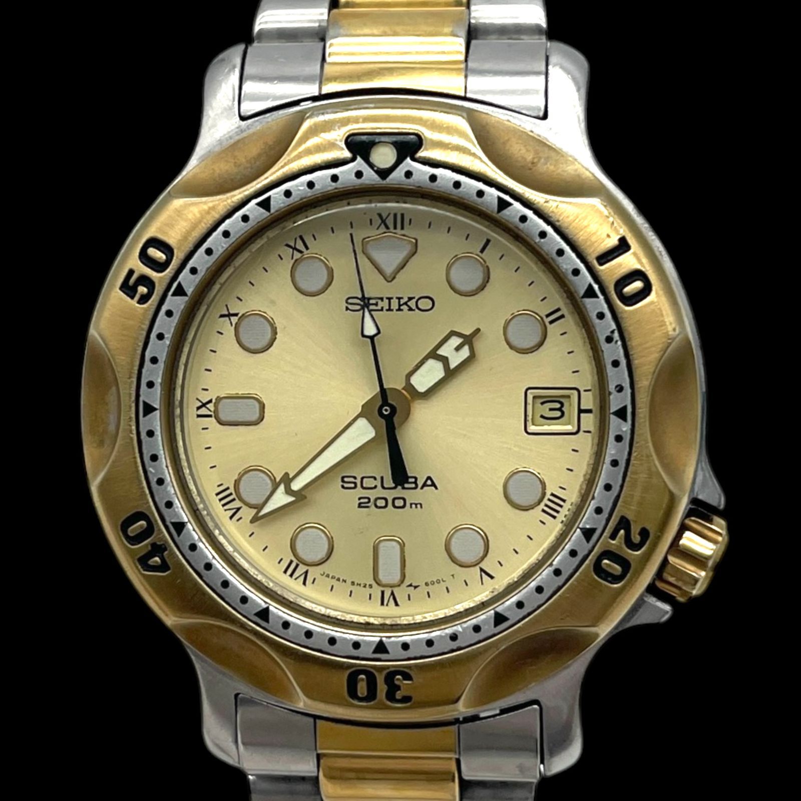 新品電池 稼働品 SEIKO セイコー スキューバ200M ダイバーズウォッチ コンビ 5H25-6000 メンズ腕時計 クォーツ QZ デイト 3針 ゴールド文字盤
