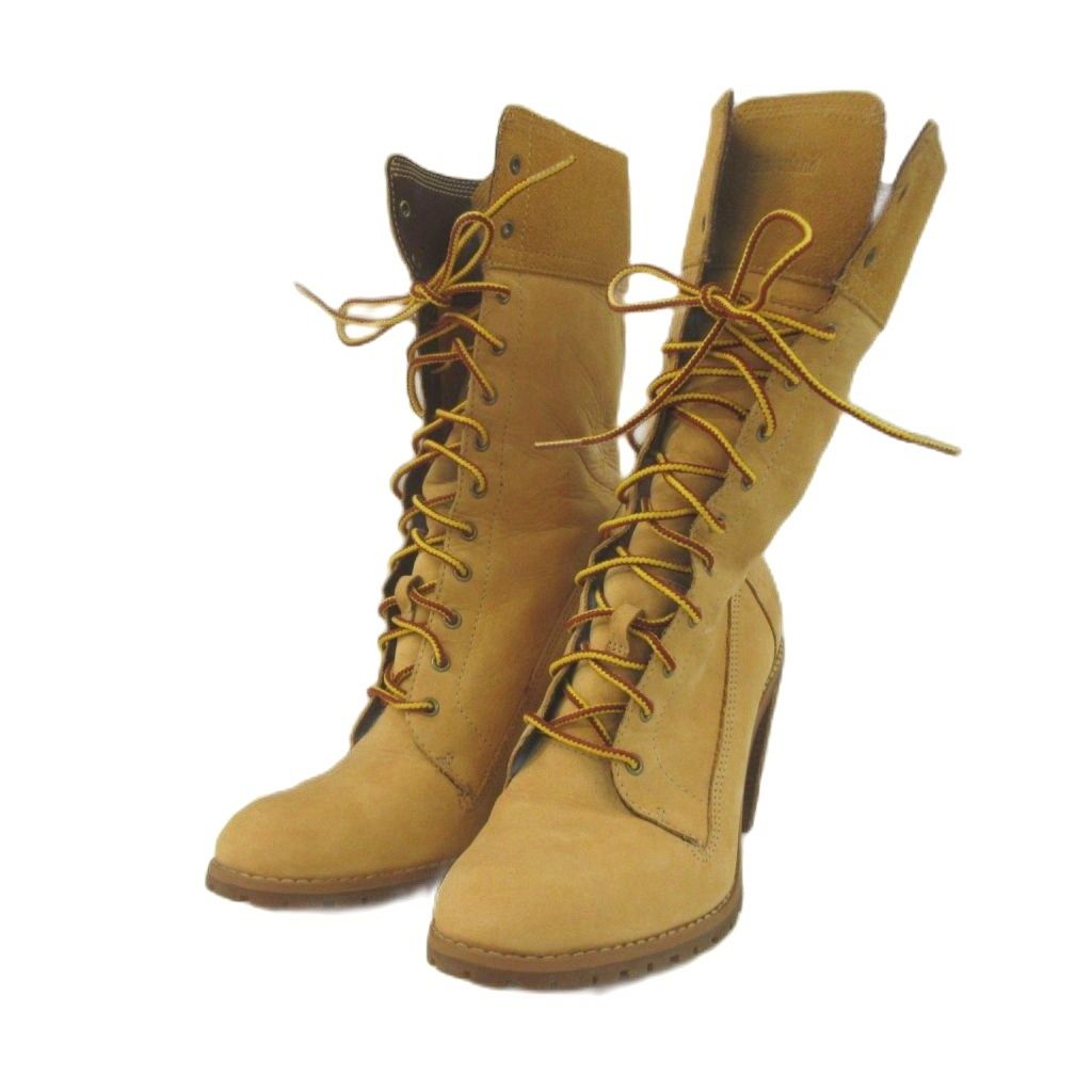 ティンバーランド Timberland ハイヒールロングブーツ レースアップ イエローヌバック ベージュ 25cm ヒール シューズ 靴