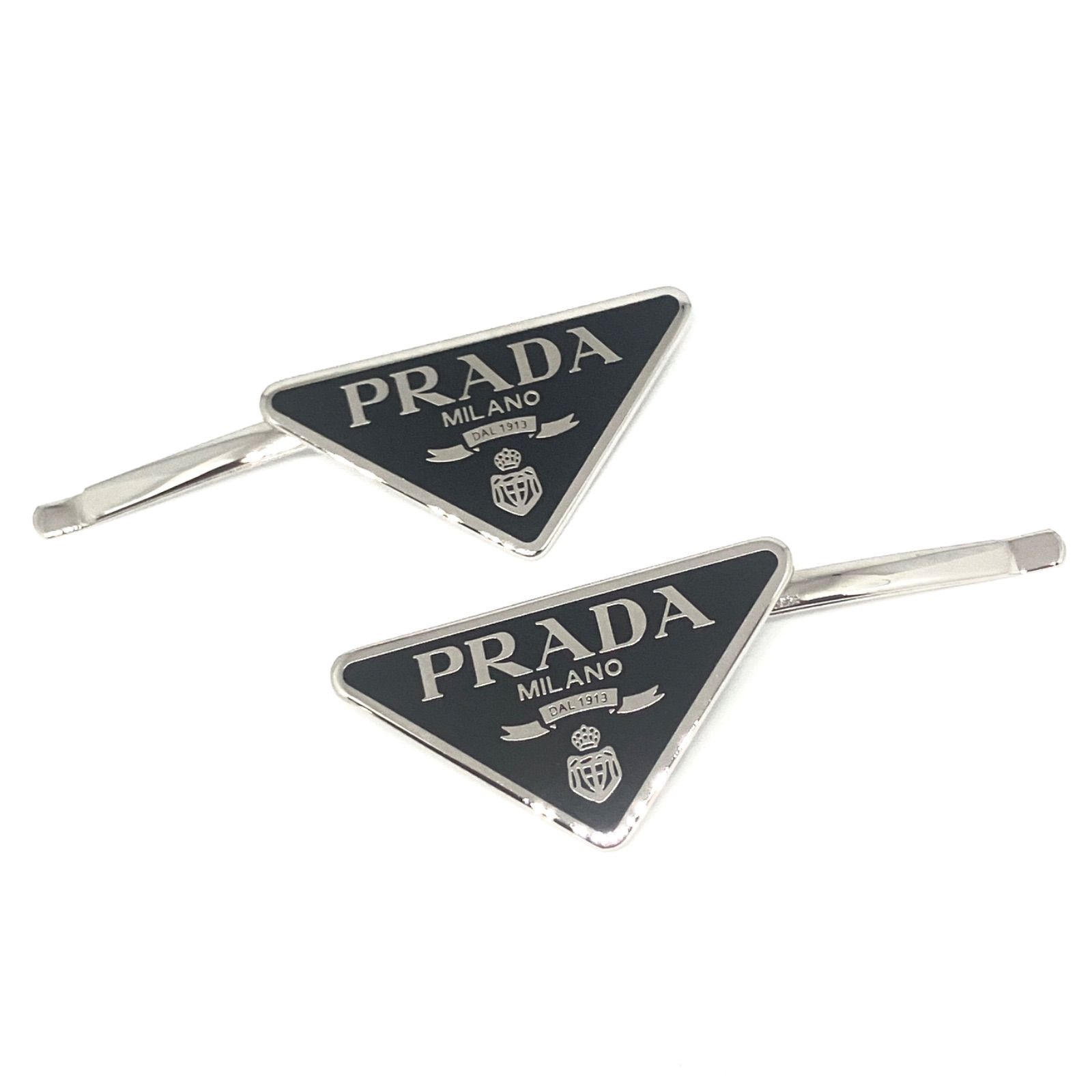 【極美品】PRADA プラダ トライアングルロゴ ヘアクリップ ヘアピン ブラック セット