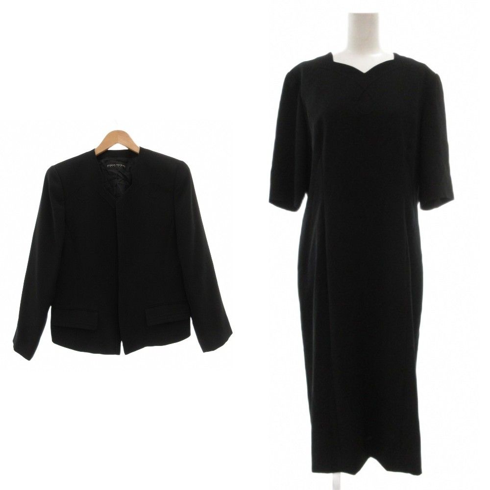 ヒロココシノ HIROKO KOSHINO ノアール シック NOIR CHIC 美品 スーツ ブラックフォーマル セットアップ ジャケット ワンピース ロング丈 ノーカラー Vネック 長袖 黒 ブラック /SX ■ECF008