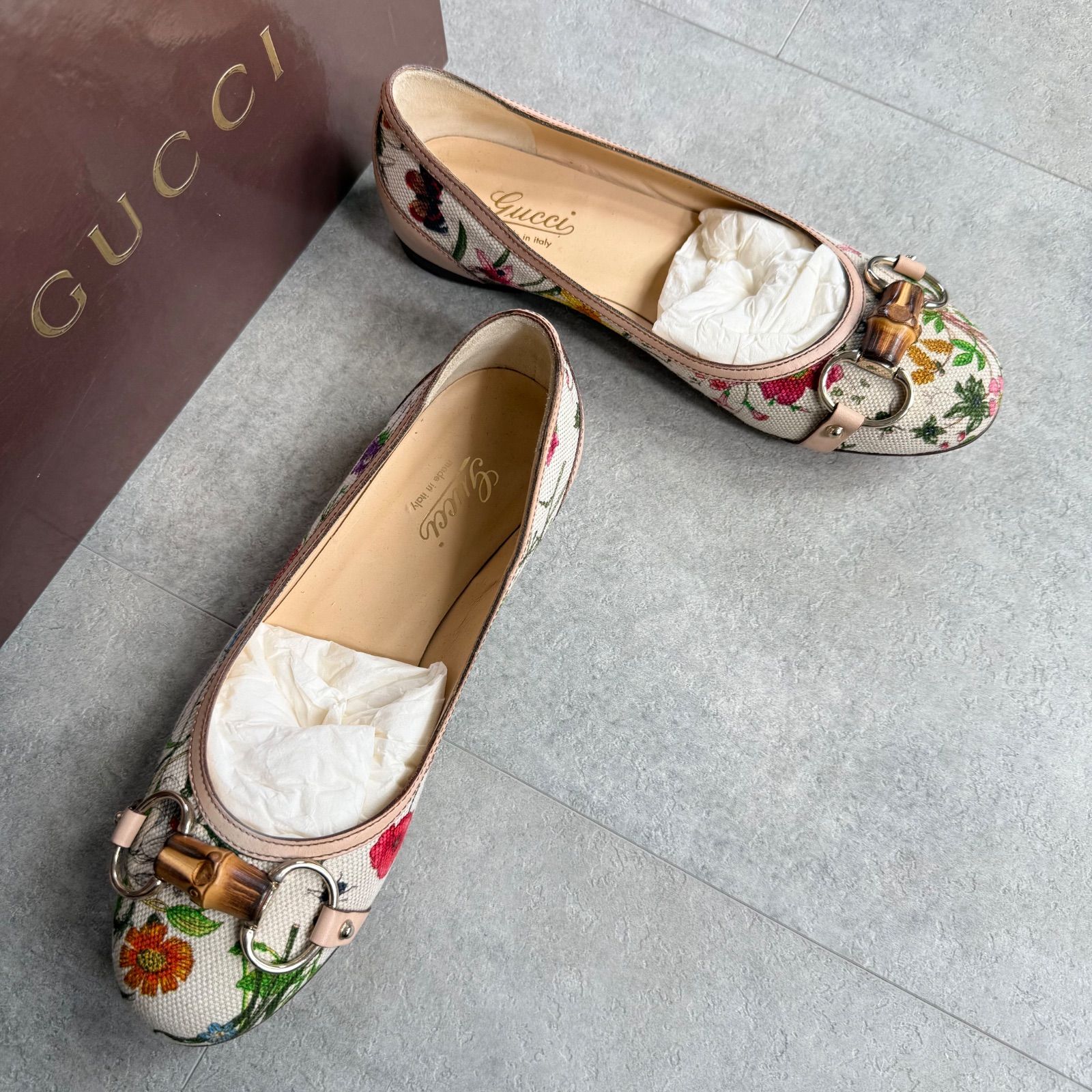 GUCCI グッチ バンブー ホースビットローファー フラットシューズ フローラ レザー キャンバス 36 1/2 レディースシューズ 23.5cm