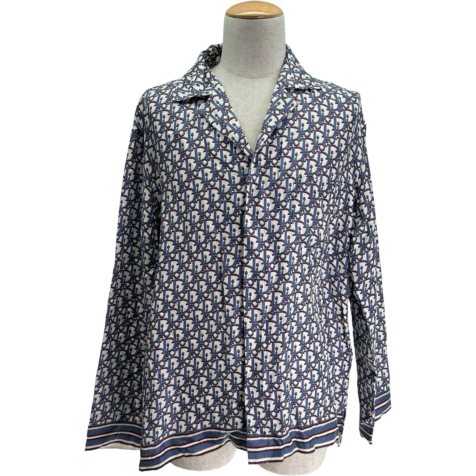 クリスチャン・ディオール Christian Dior オブリーク総柄シルクシャツ 183C515A5751 ブルー シルク メンズ 長袖シャツ