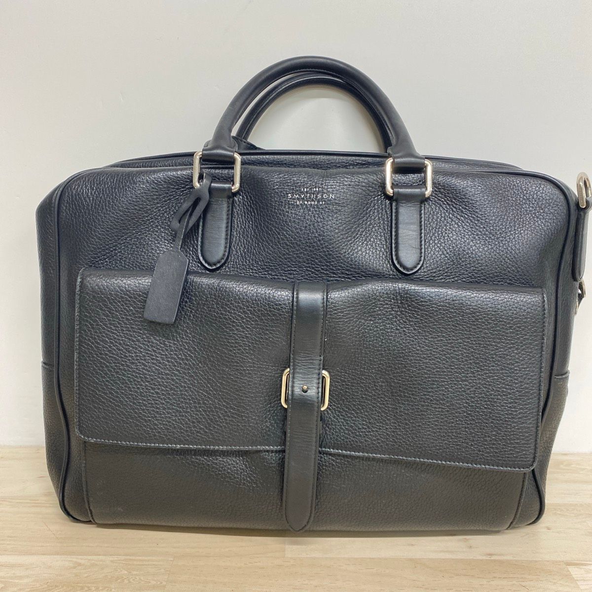 美品 SMYTHSON/スマイソン ブリーフケース/ビジネスバッグ ブラック/黒 レザー シボ革 メンズ/レディース 2WAY仕様可[OV00189]