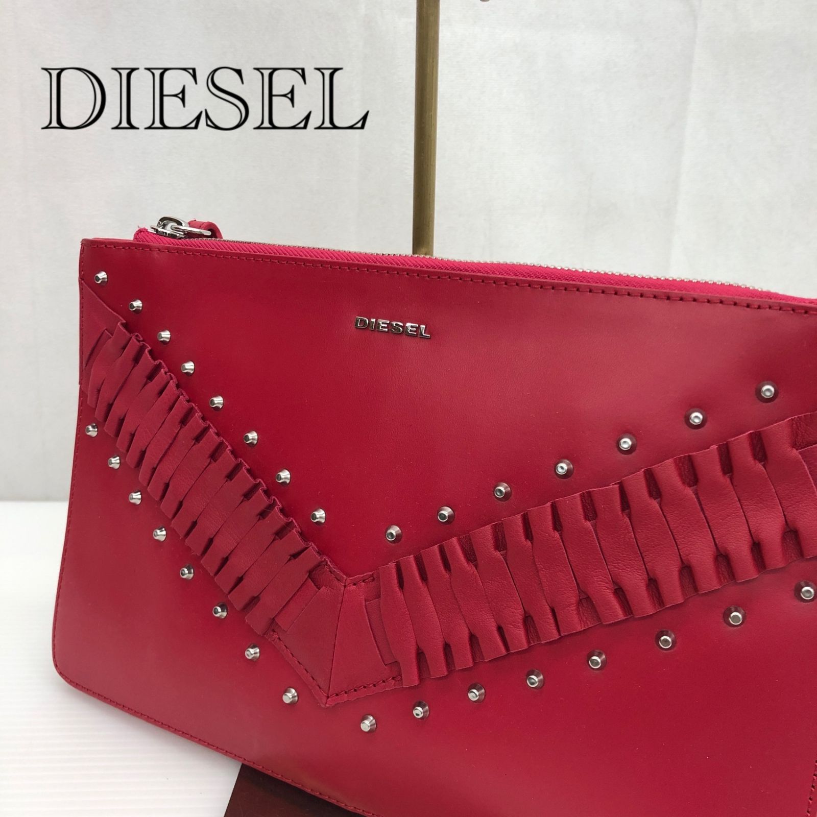 DIESEL ディーゼル2WAY レザーバッグ クラッチバック ショルダーバッグ スタッツ フリンジ レッド レディース_255