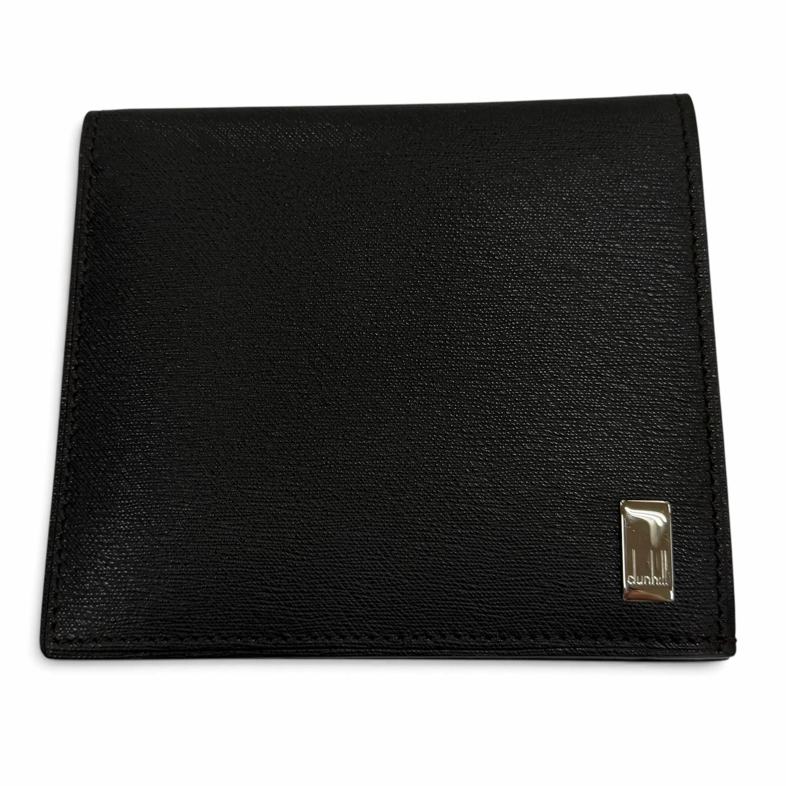 極美品▼Dunhill ダンヒル レザー ロゴプレート付き 札入れ コンパクトウォレット 二つ折り財布 ダークブラウン メンズ 箱付き