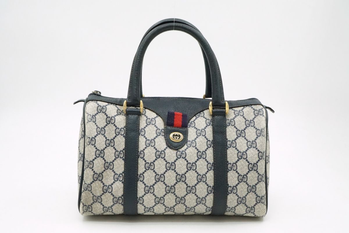 オールド グッチ ヴィンテージ ミニボストン ハンドバッグ トート シェリーライン GGプラス PVCキャンバス 紺 ネイビー GUCCI 7577h 27,300円