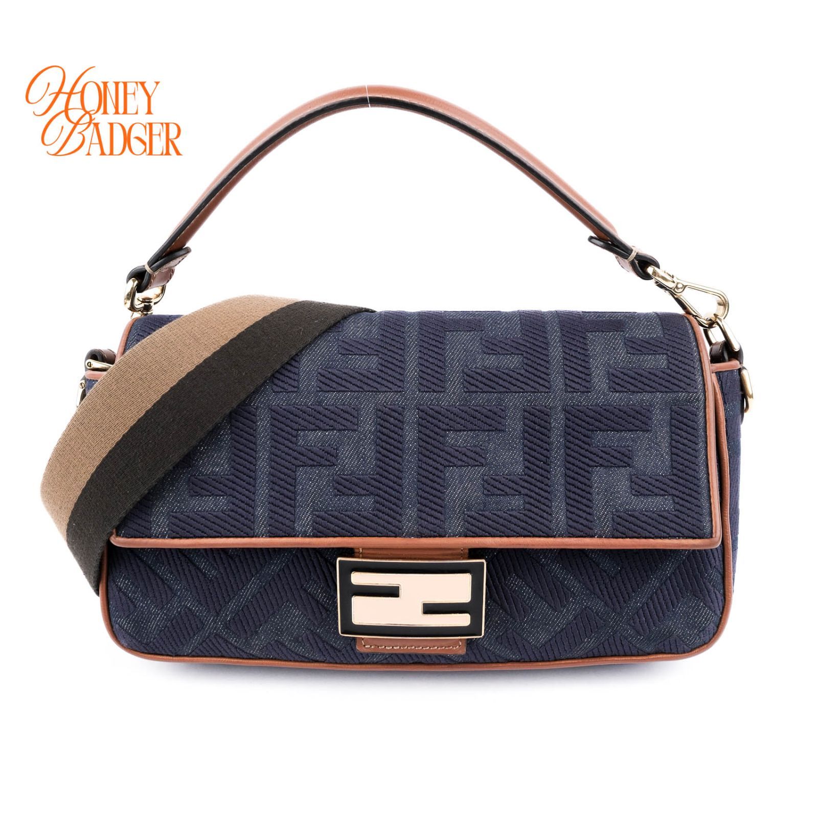【良品】フェンディ FENDI バゲット BAGUETTE 2WAY 8BR600 ハンドバッグ ショルダーバッグ 斜め掛け クロスボディ ズッカ柄 FFロゴ ジャガード デニム キャンバス レザー 本革 ネイビー 紺 インディゴ キャメル 希少色 レディース