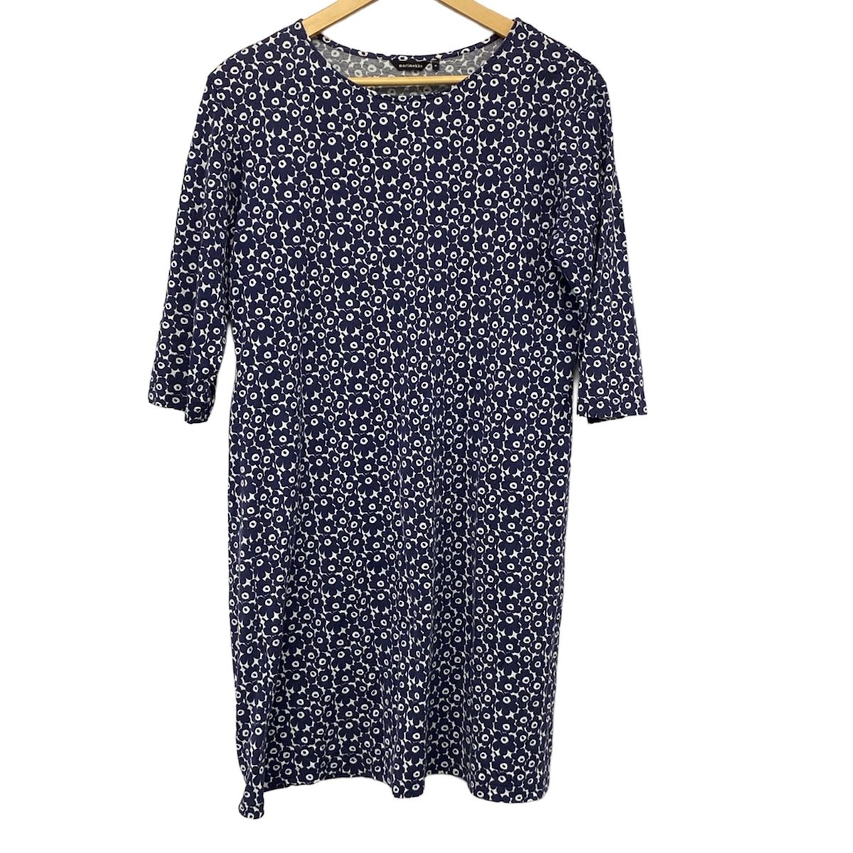 marimekko(マリメッコ) ワンピース サイズM レディース - ダークネイビー×白 クルーネック/七分袖/ひざ丈 9,417円
