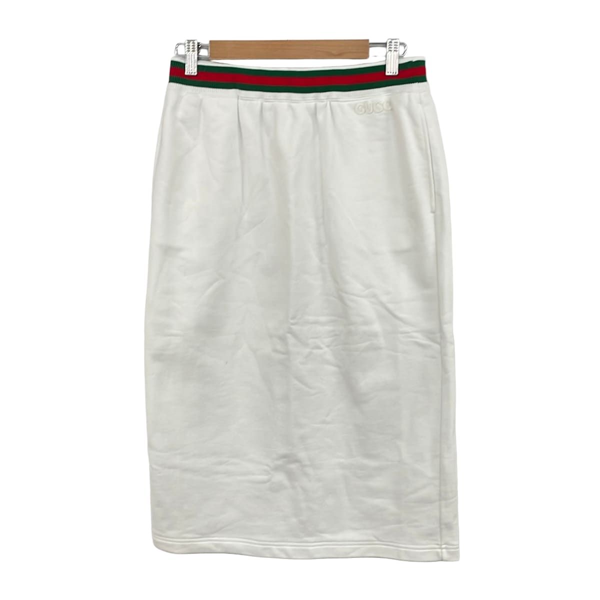 GUCCI(グッチ) ロングスカート サイズM レディース美品 - 810391 XJG1A 白×グリーン×レッド シェリー(ウェブ)/ウエストゴム 17,064円