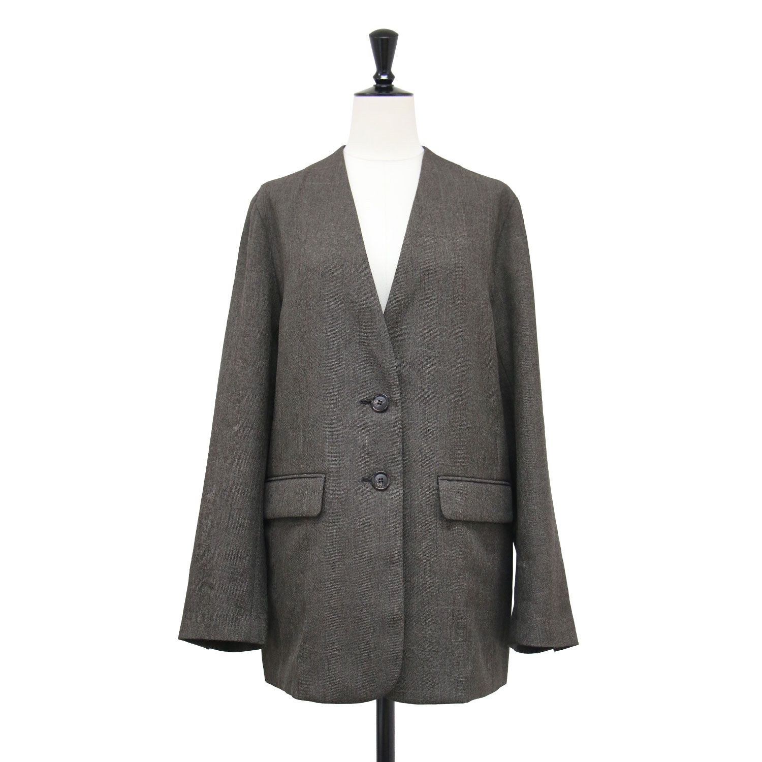 【美品】IENA イエナ ジャケット ブラウン 36(S) 26春夏 シャークツイード ノーカラー ジャケット 26010900911010 ミドル丈 2B シングル センターベンツ フラップポケット アウター ブレザー 上着【レディース】【中古】
