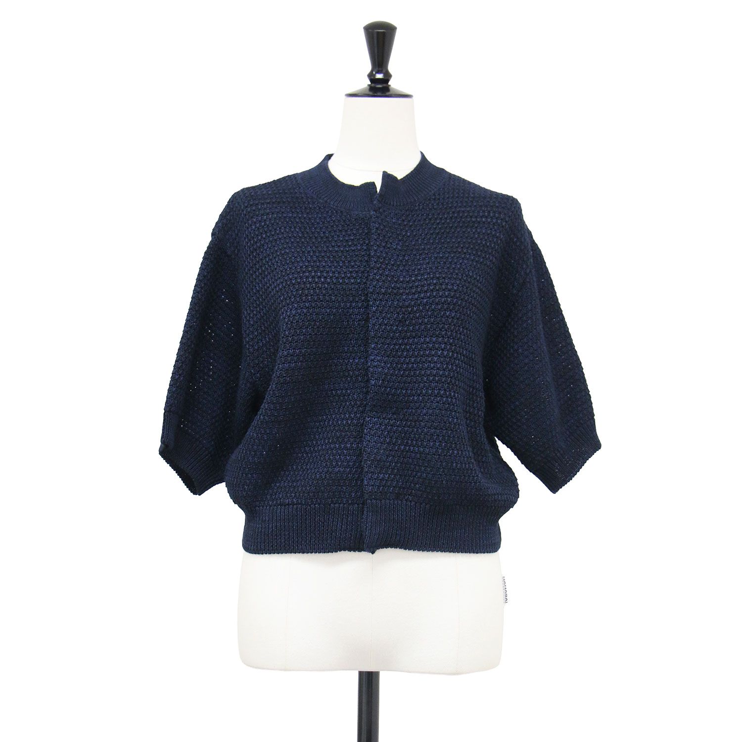 【美品】MACPHEE マカフィー ニット ネイビー 紺 S(9号) 25春夏 ギマコットン ハーフスリーブ カーディガン 半 五分袖 クルーネック ショート丈 コンパクト ドライタッチ トップス 羽織り【レディース】【中古】