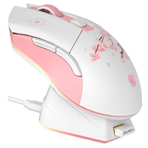 DAREU ゲーミングマウス 無線 桜色/ピンク ワイヤレス2.4G/有線USB接続可能 軽量85g 可愛いサクラ 人間工学 12000DPI 充電ドック付き プログラム可能 EM901X 技適認証取得【1年間】ma