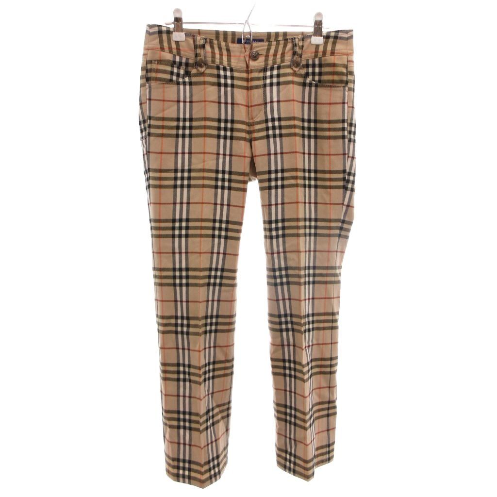 バーバリーブルーレーベル BURBERRY BLUE LABEL テーパードパンツ ノバチェック カシミヤ混 38 ベージュ ロゴ刺繍 ボタン FQF77-628-52 /TQ ■GY50