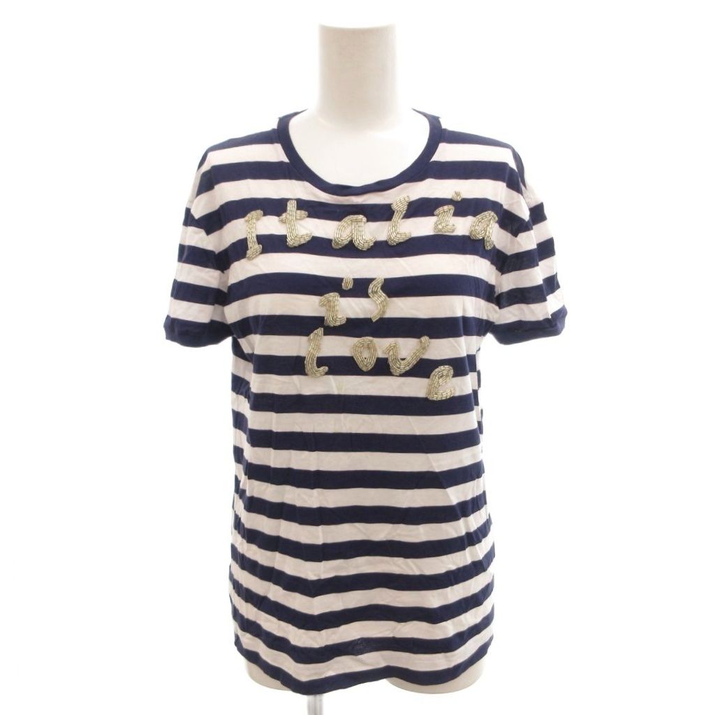 ドルチェ&ガッバーナ ドルガバ DOLCE&GABBANA ボーダーTシャツ カットソー Italia is love ビーズ ロゴ 半袖 36 白 ホワイト 紺 ネイビー F8H22Z /TQ ■GY50